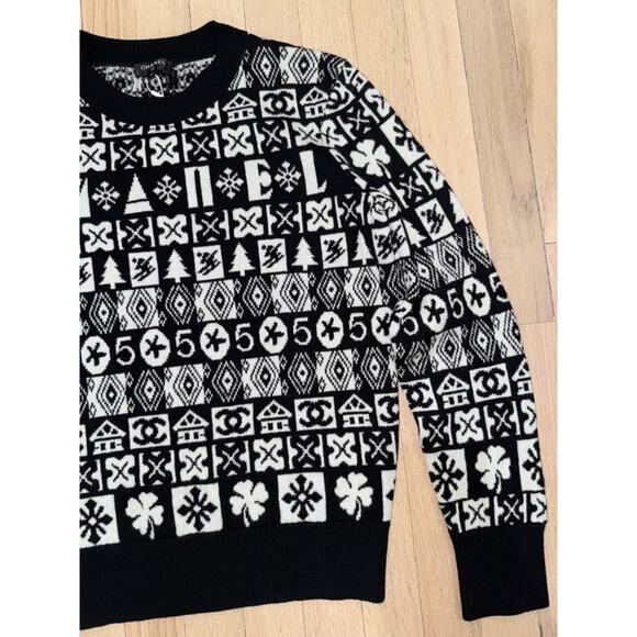Chanel 19B Coco Neige Ski Black White CC Long Sleeve Cashmere Jumper Sweater 38 - Picture 10 of 16